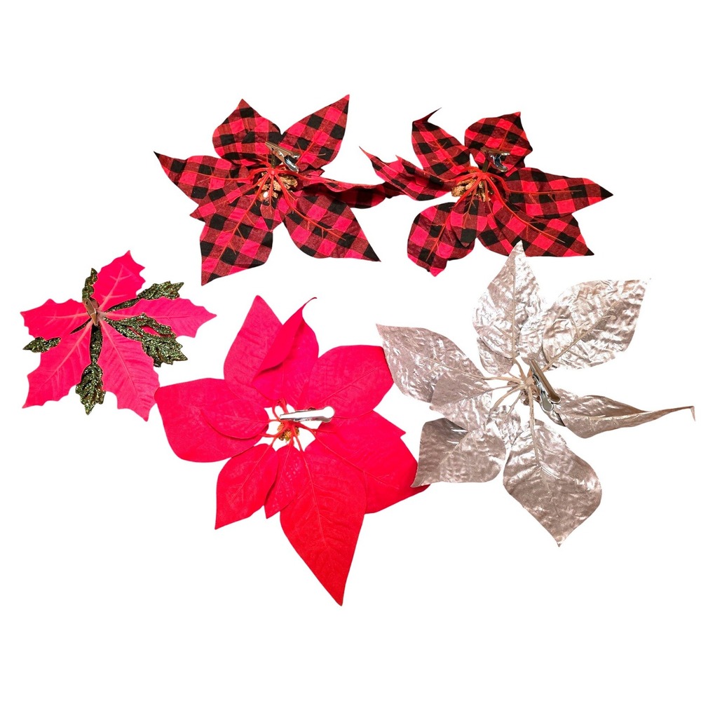 NWOT Christmas Poinsettia Flowers Artificial Clip‎ On Red Buffalo Plaid